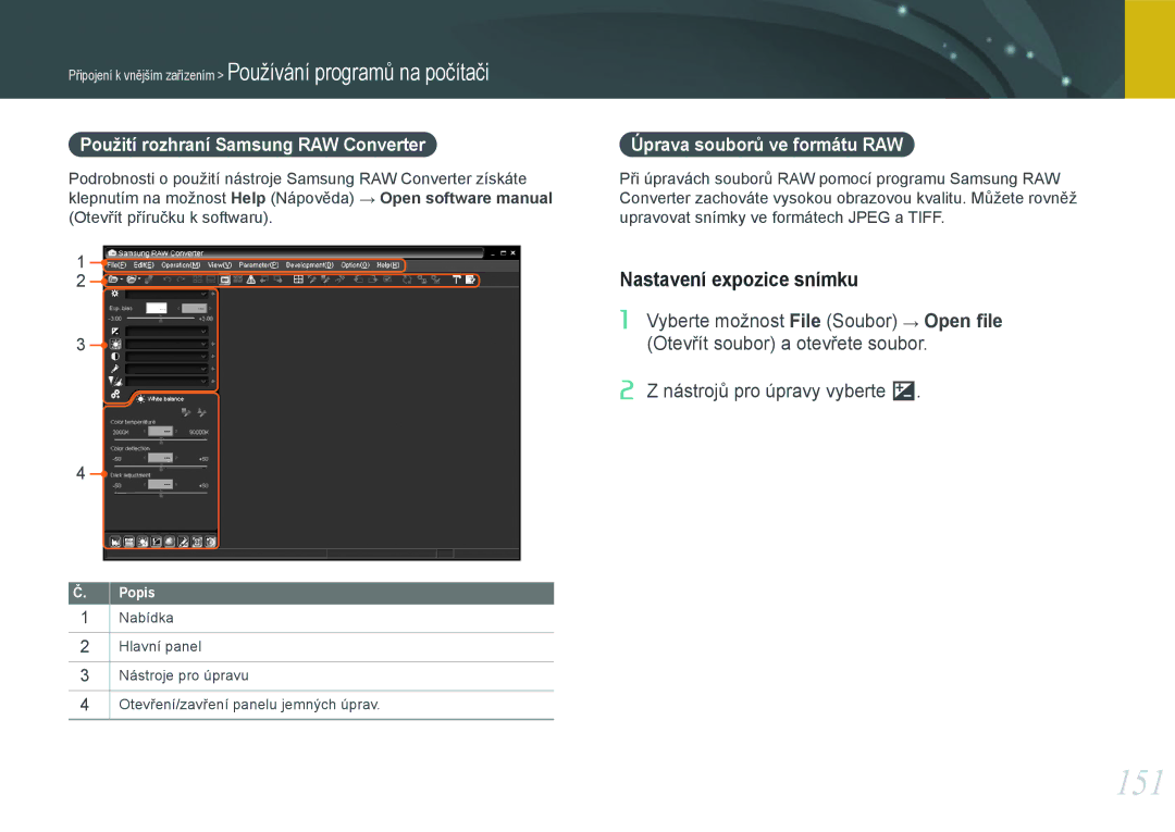 Samsung EV-NX20ZZBSBCZ manual 151, Nastavení expozice snímku, Použití rozhraní Samsung RAW Converter 