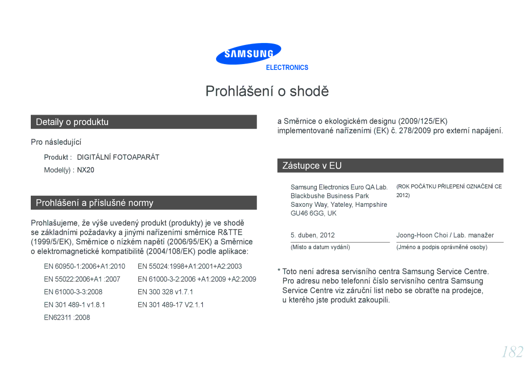 Samsung EV-NX20ZZBSBCZ manual 182, Prohlášení o shodě 