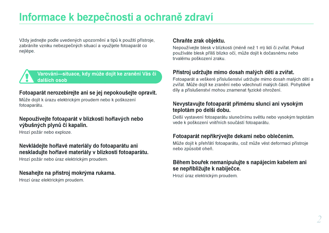 Samsung EV-NX20ZZBSBCZ manual Informace k bezpečnosti a ochraně zdraví 