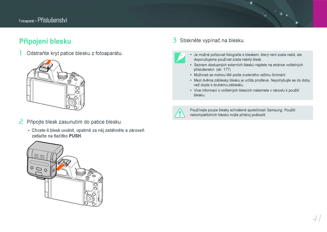 Samsung EV-NX20ZZBSBCZ manual Připojení blesku, Stiskněte vypínač na blesku 