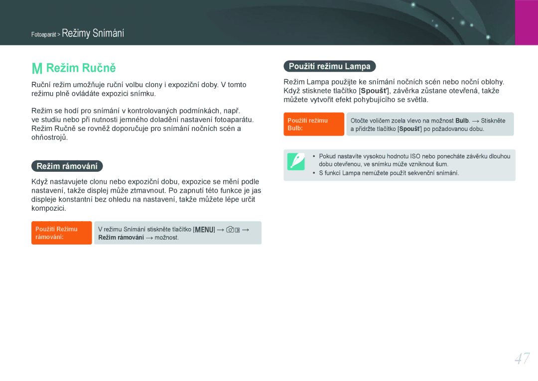 Samsung EV-NX20ZZBSBCZ manual Režim Ručně, Režim rámování, Použití režimu Lampa 