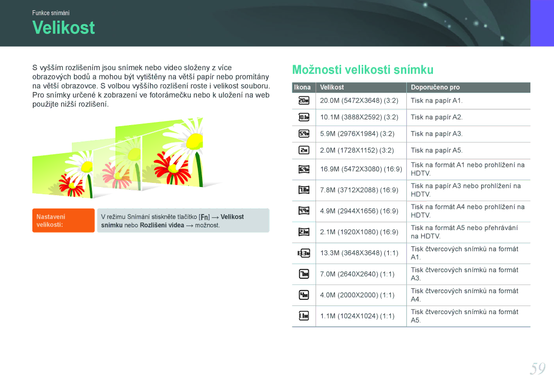 Samsung EV-NX20ZZBSBCZ manual Velikost, Možnosti velikosti snímku 