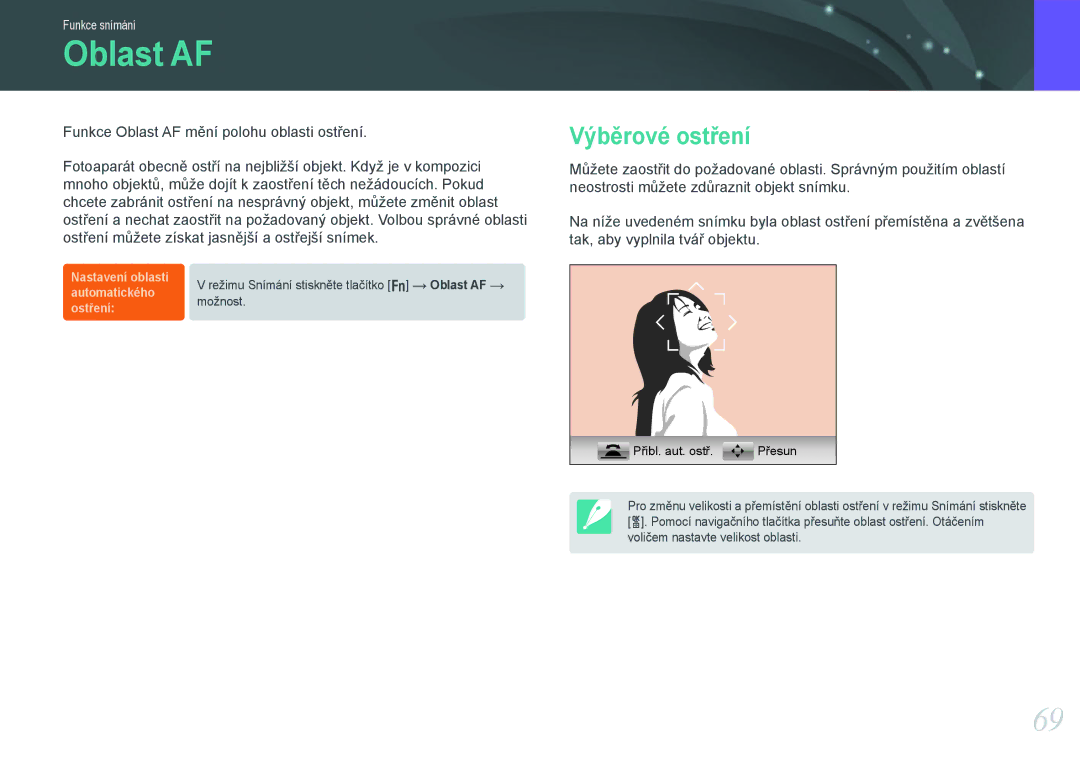 Samsung EV-NX20ZZBSBCZ manual Oblast AF, Výběrové ostření 