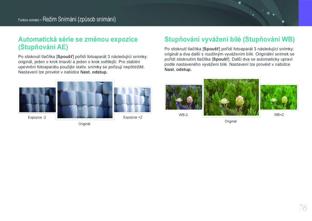 Samsung EV-NX20ZZBSBCZ manual Automatická série se změnou expozice Stupňování AE, Stupňování vyvážení bílé Stupňování WB 