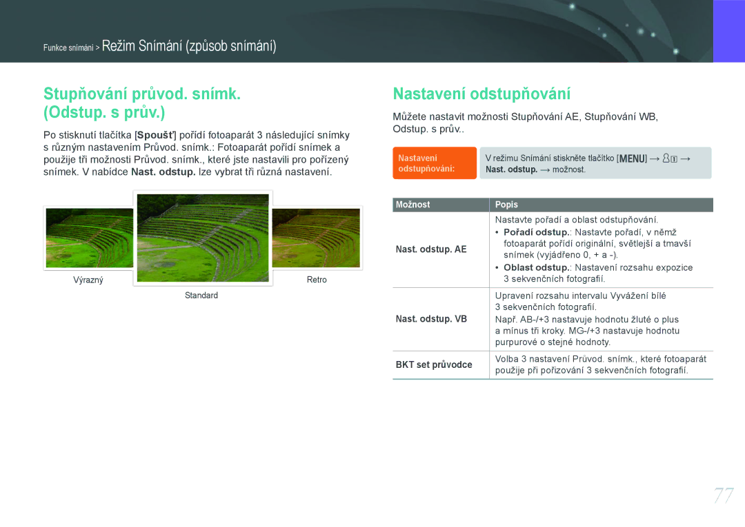 Samsung EV-NX20ZZBSBCZ manual Stupňování průvod. snímk. Odstup. s prův, Nastavení odstupňování, Nast. odstup. AE 