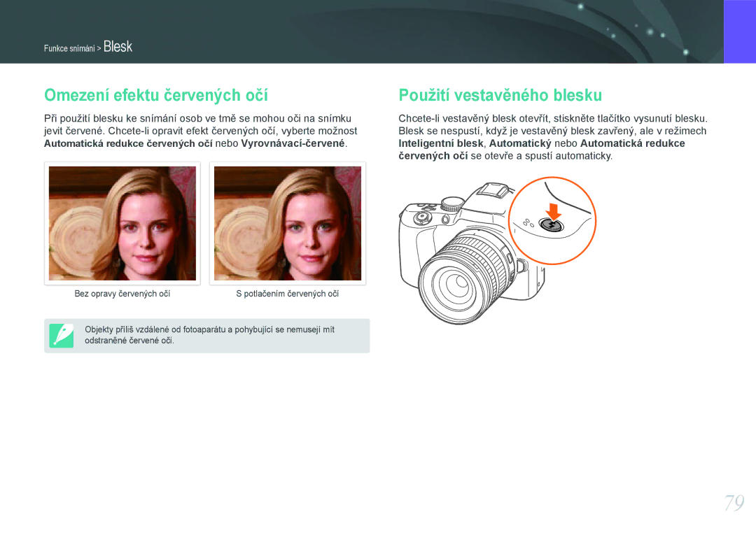 Samsung EV-NX20ZZBSBCZ manual Omezení efektu červených očí, Použití vestavěného blesku 