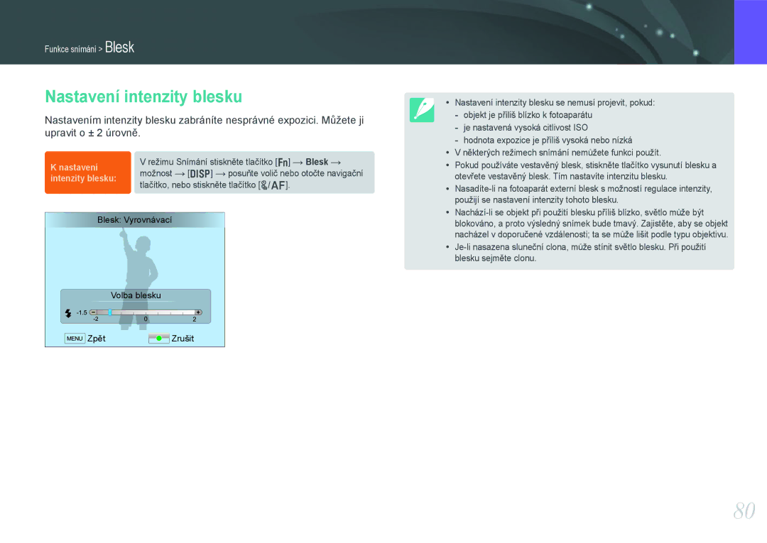 Samsung EV-NX20ZZBSBCZ manual Nastavení intenzity blesku, Intenzity blesku 