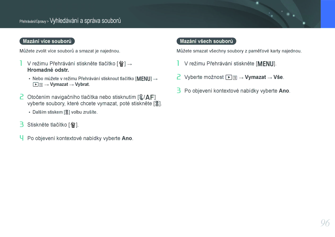 Samsung EV-NX20ZZBSBCZ manual Mazání více souborů, Mazání všech souborů 