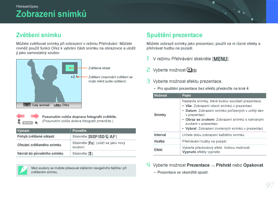 Samsung EV-NX20ZZBSBCZ manual Zobrazení snímků, Zvětšení snímku, Spuštění prezentace 