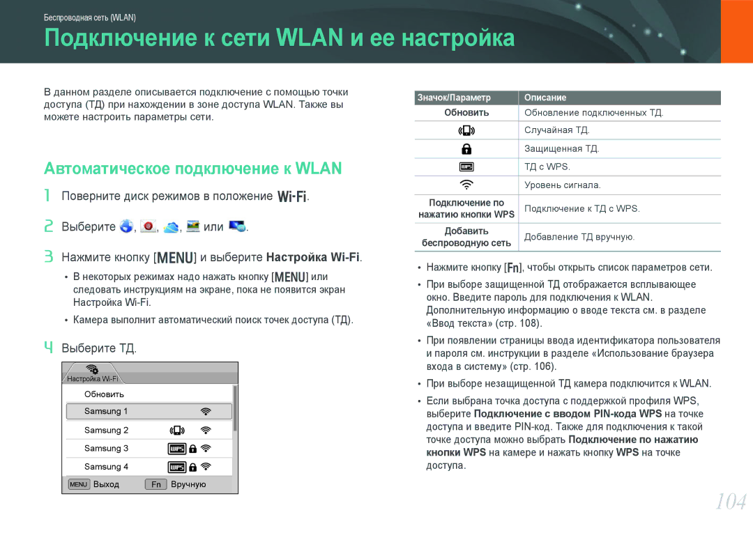 Samsung EV-NX20ZZBSBEE manual Подключение к сети Wlan и ее настройка, 104, Автоматическое подключение к Wlan, Выберите ТД 