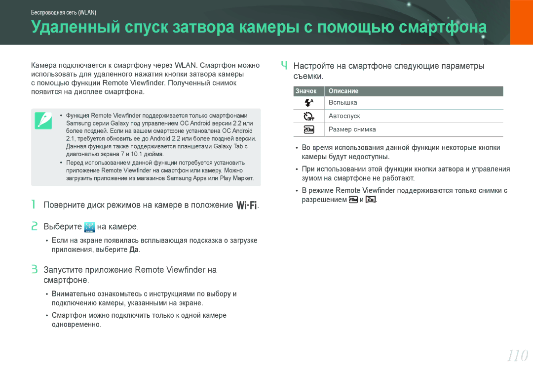 Samsung EV-NX20ZZBSBEE, EV-NX20ZZBEBRU, EV-NX20ZZBSBRU manual 110, Запустите приложение Remote Viewﬁnder на смартфоне 