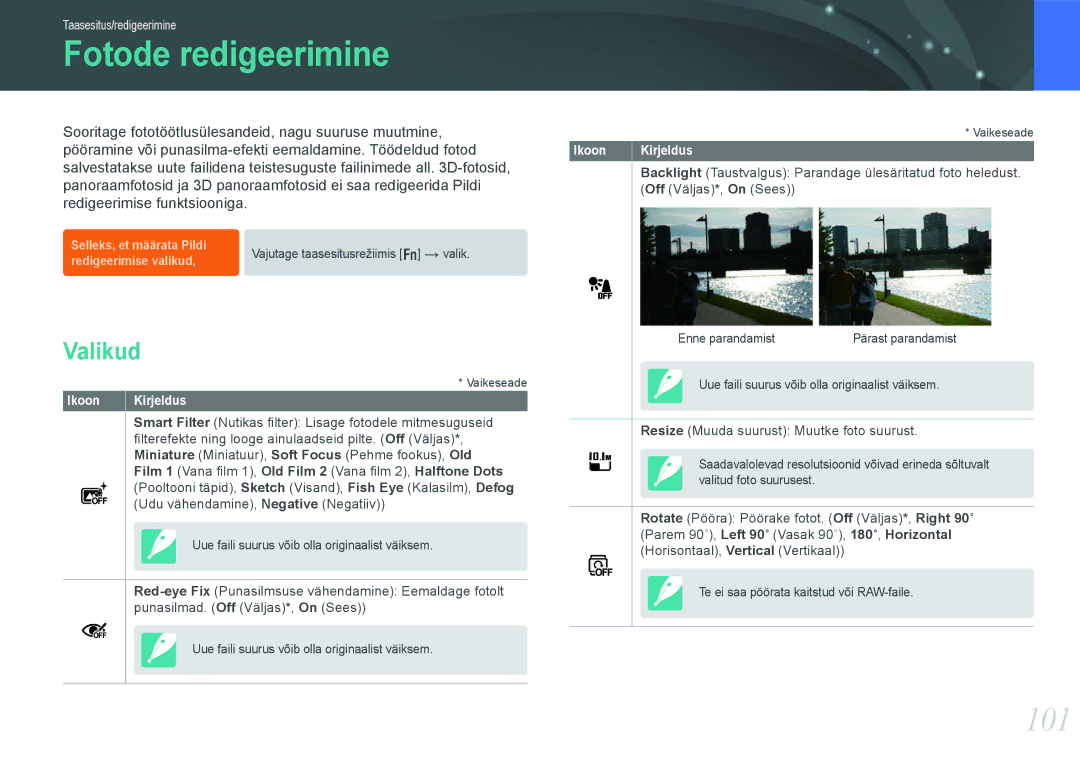 Samsung EV-NX20ZZBSBEE manual Fotode redigeerimine, 101, Valikud 