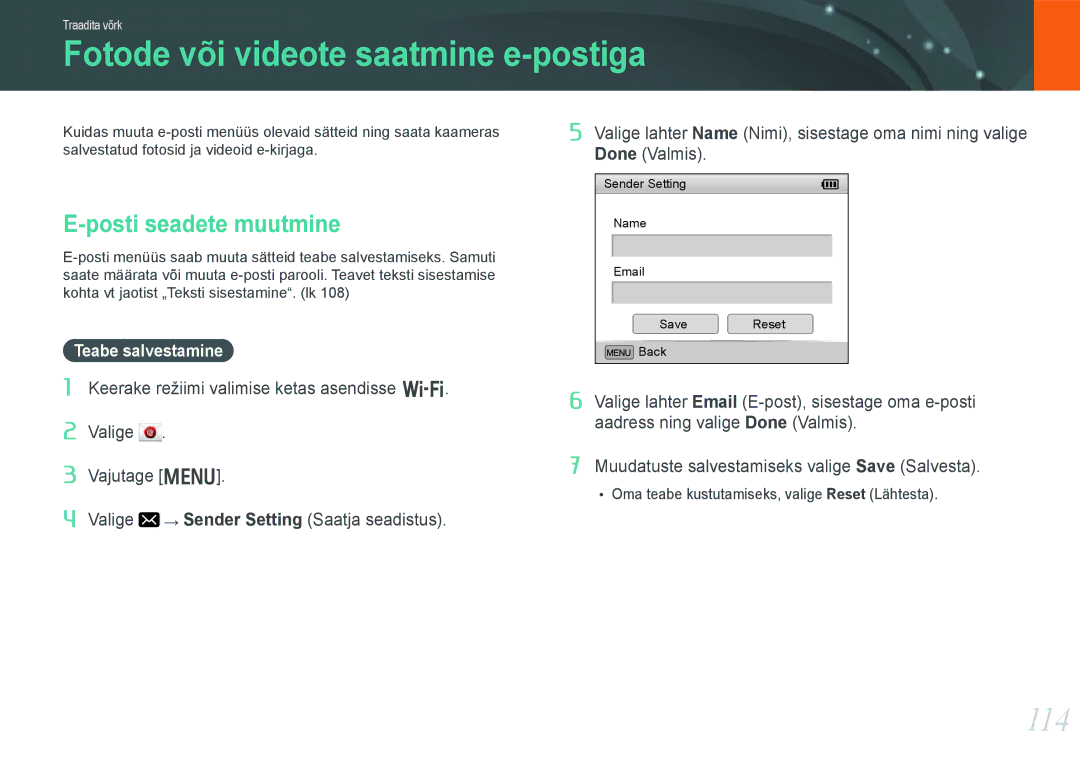 Samsung EV-NX20ZZBSBEE manual Fotode või videote saatmine e-postiga, 114, Posti seadete muutmine, Teabe salvestamine 