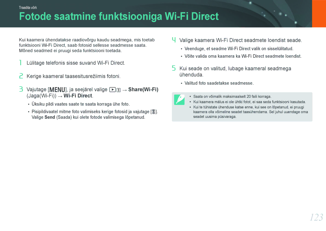 Samsung EV-NX20ZZBSBEE manual Fotode saatmine funktsiooniga Wi-Fi Direct, 123 