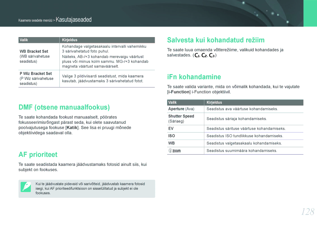 Samsung EV-NX20ZZBSBEE manual 128, DMF otsene manuaalfookus, AF prioriteet, Salvesta kui kohandatud režiim, IFn kohandamine 