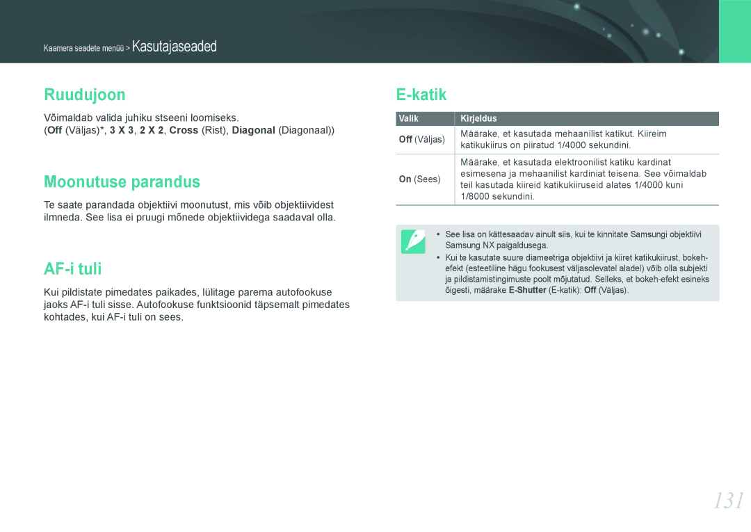 Samsung EV-NX20ZZBSBEE manual 131, Ruudujoon, Moonutuse parandus, AF-i tuli, Katik 