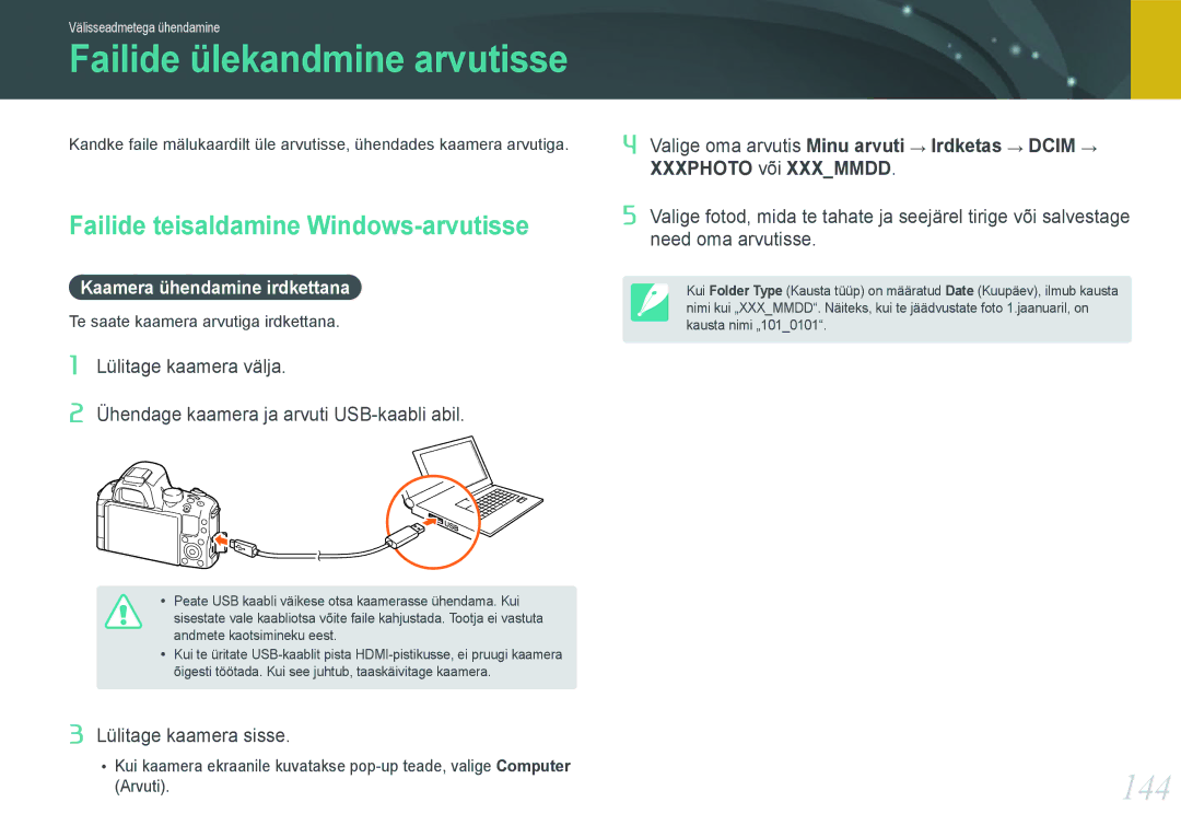 Samsung EV-NX20ZZBSBEE manual 144, Failide teisaldamine Windows-arvutisse, Kaamera ühendamine irdkettana 