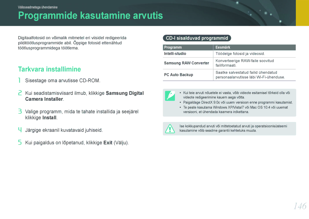 Samsung EV-NX20ZZBSBEE manual 146, Tarkvara installimine, CD-l sisalduvad programmid, Intelli-studio, PC Auto Backup 