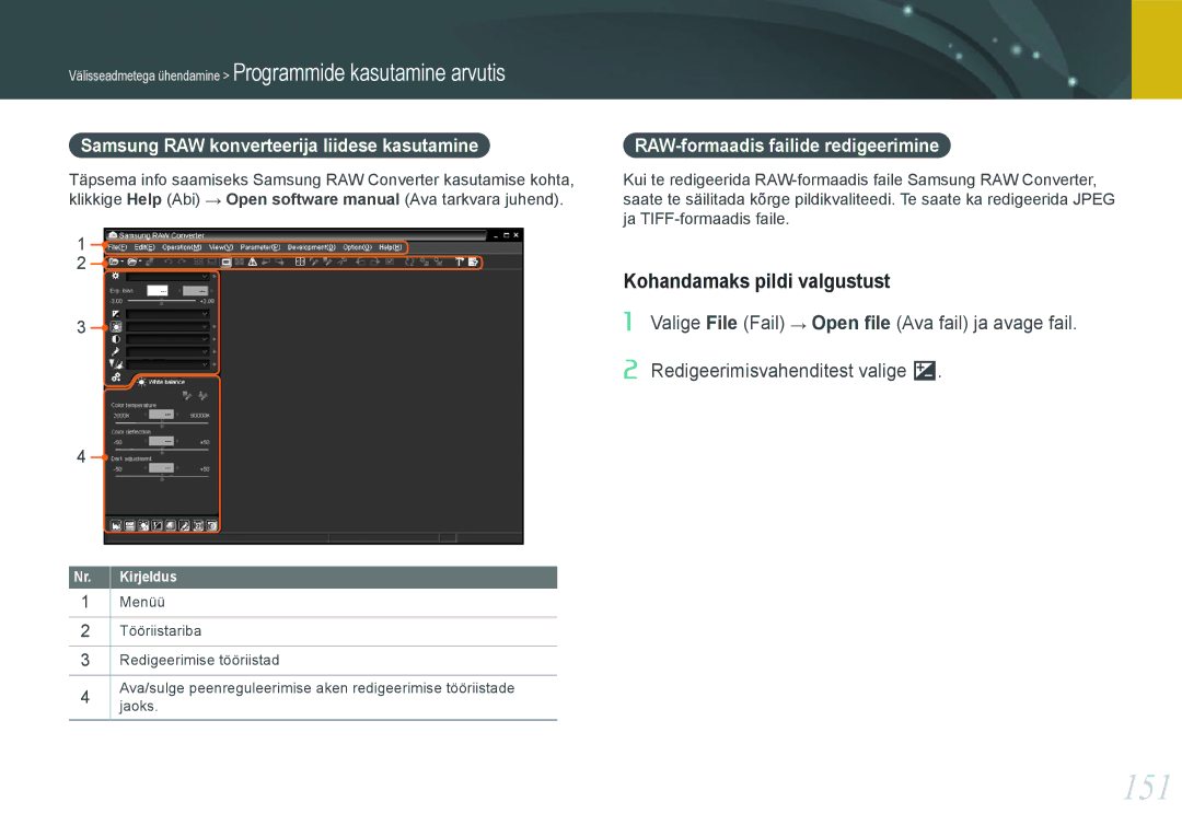 Samsung EV-NX20ZZBSBEE manual 151, Kohandamaks pildi valgustust, Samsung RAW konverteerija liidese kasutamine 