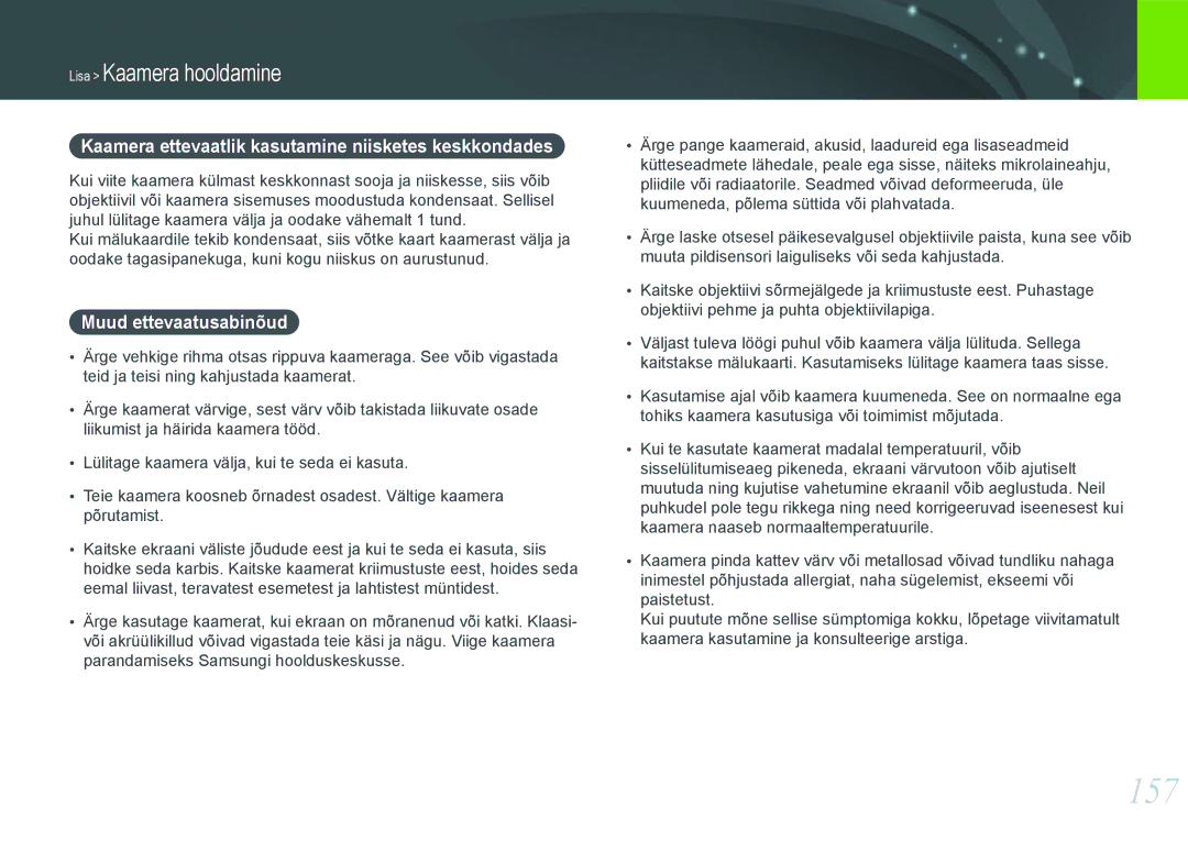 Samsung EV-NX20ZZBSBEE manual 157, Kaamera ettevaatlik kasutamine niisketes keskkondades, Muud ettevaatusabinõud 