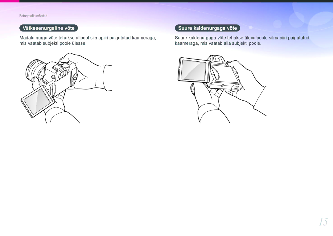 Samsung EV-NX20ZZBSBEE manual Väikesenurgaline võte, Suure kaldenurgaga võte 