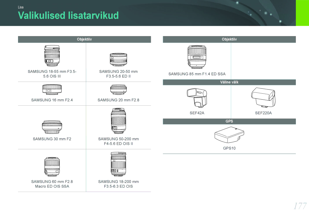 Samsung EV-NX20ZZBSBEE manual Valikulised lisatarvikud, 177, Objektiiv, Väline välk 
