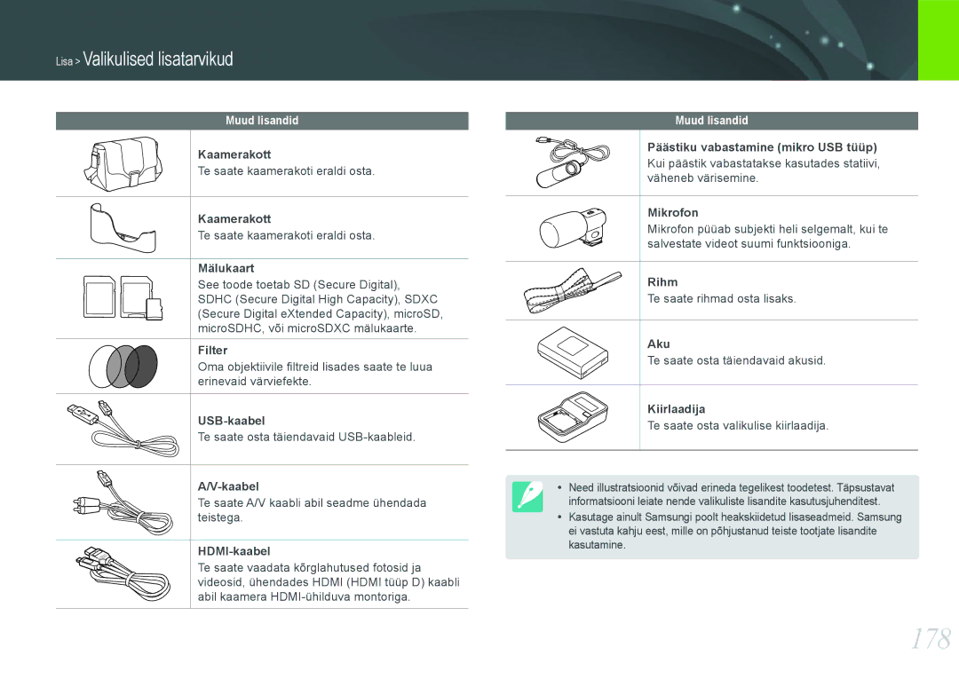 Samsung EV-NX20ZZBSBEE manual 178, Muud lisandid 