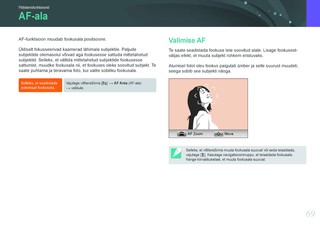 Samsung EV-NX20ZZBSBEE manual AF-ala, Valimise AF 