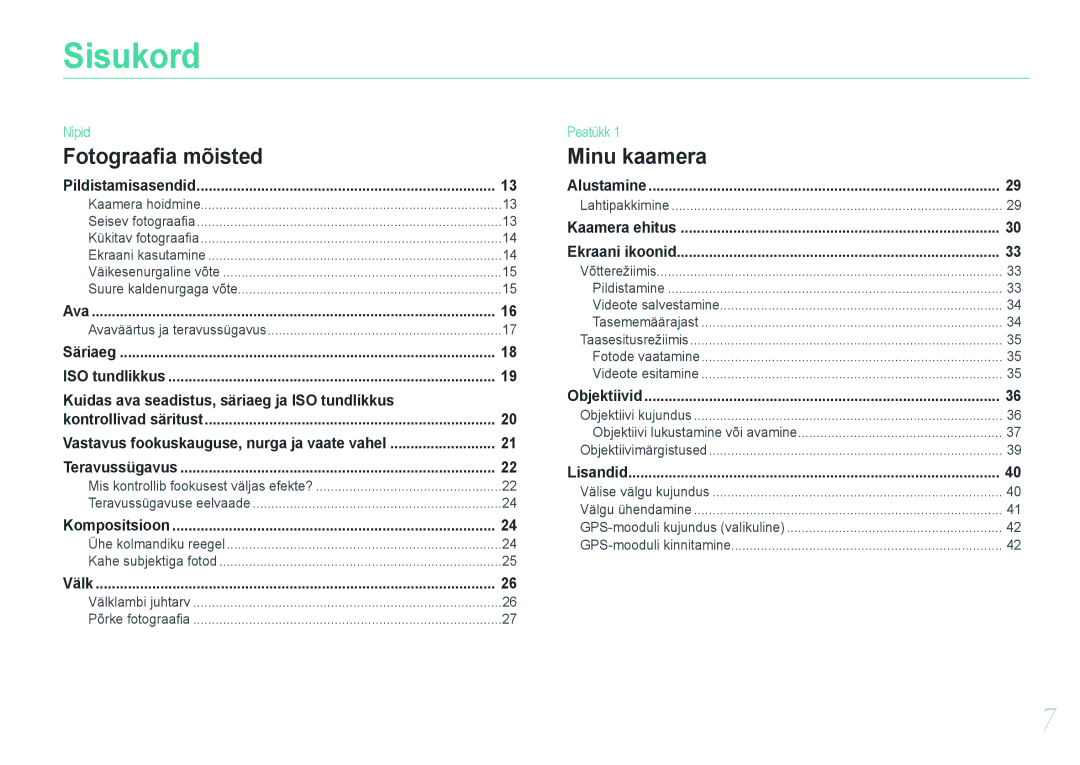 Samsung EV-NX20ZZBSBEE manual Sisukord, Fotograaﬁa mõisted 