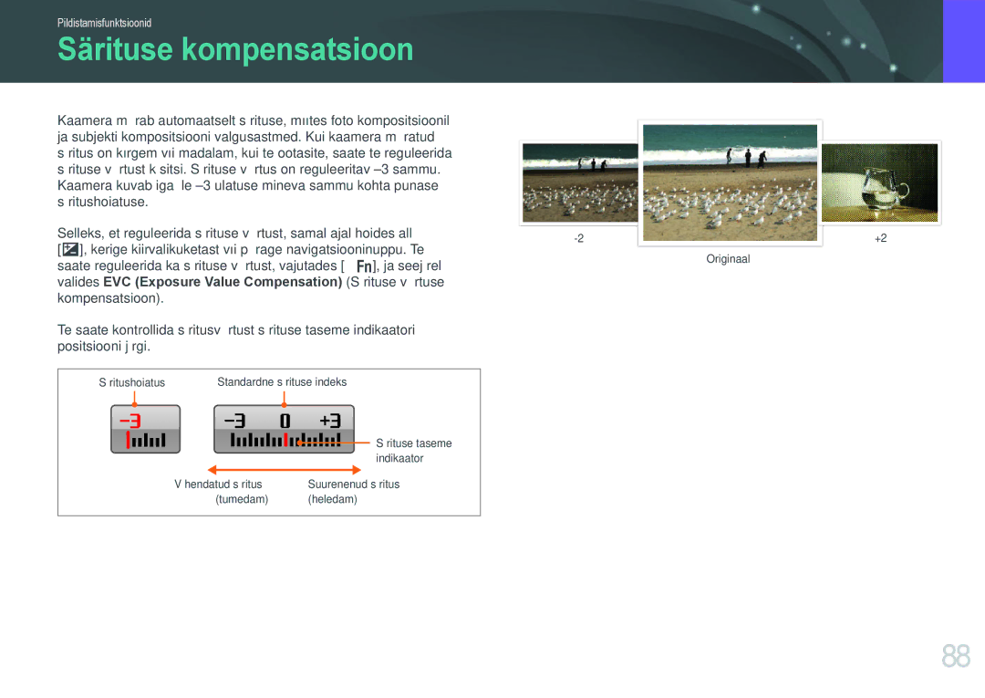 Samsung EV-NX20ZZBSBEE manual Särituse kompensatsioon, Valides EVC Exposure Value Compensation Särituse väärtuse 