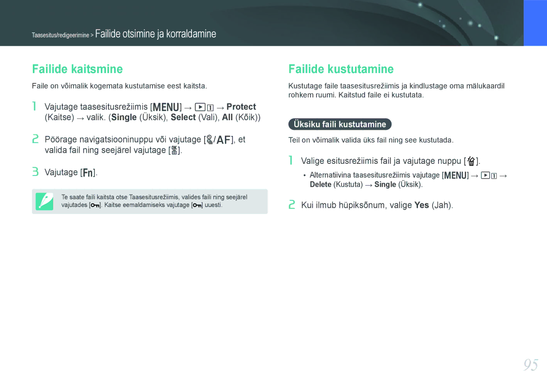 Samsung EV-NX20ZZBSBEE manual Failide kaitsmine, Failide kustutamine, Üksiku faili kustutamine 