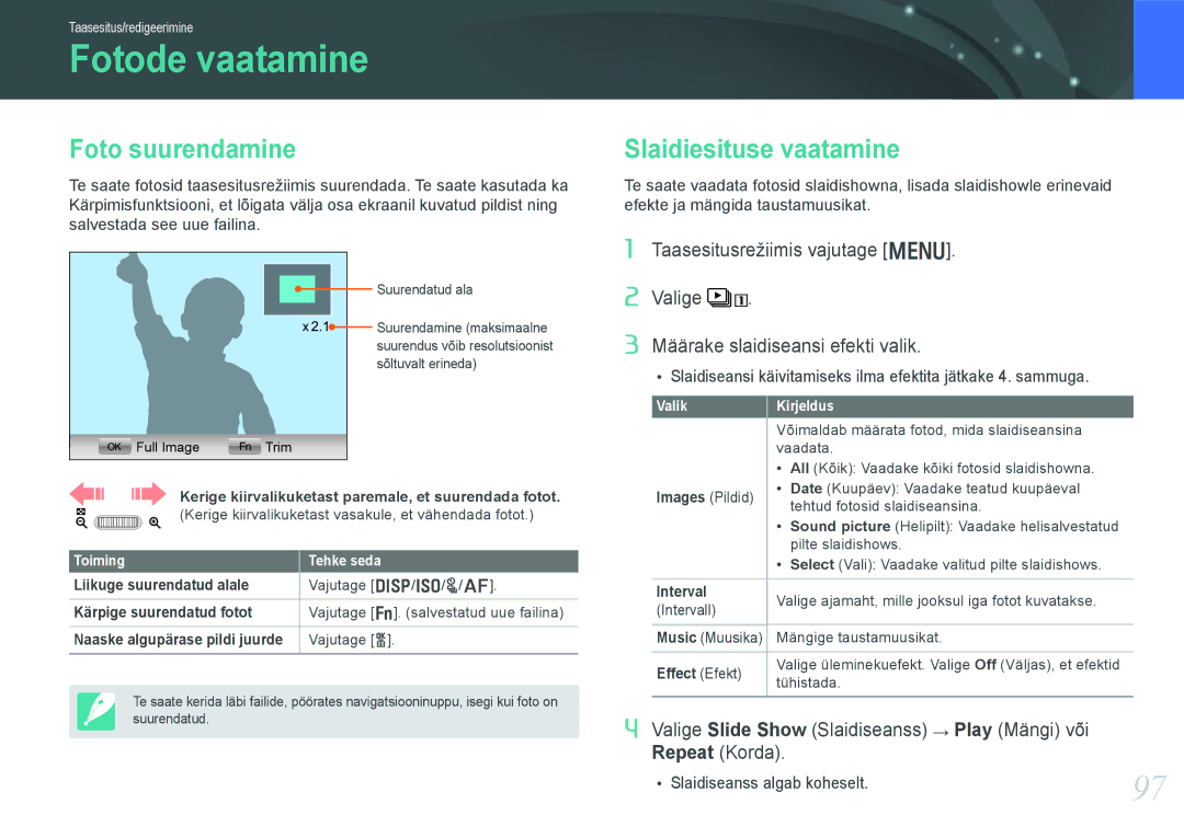 Samsung EV-NX20ZZBSBEE manual Fotode vaatamine, Foto suurendamine, Slaidiesituse vaatamine 