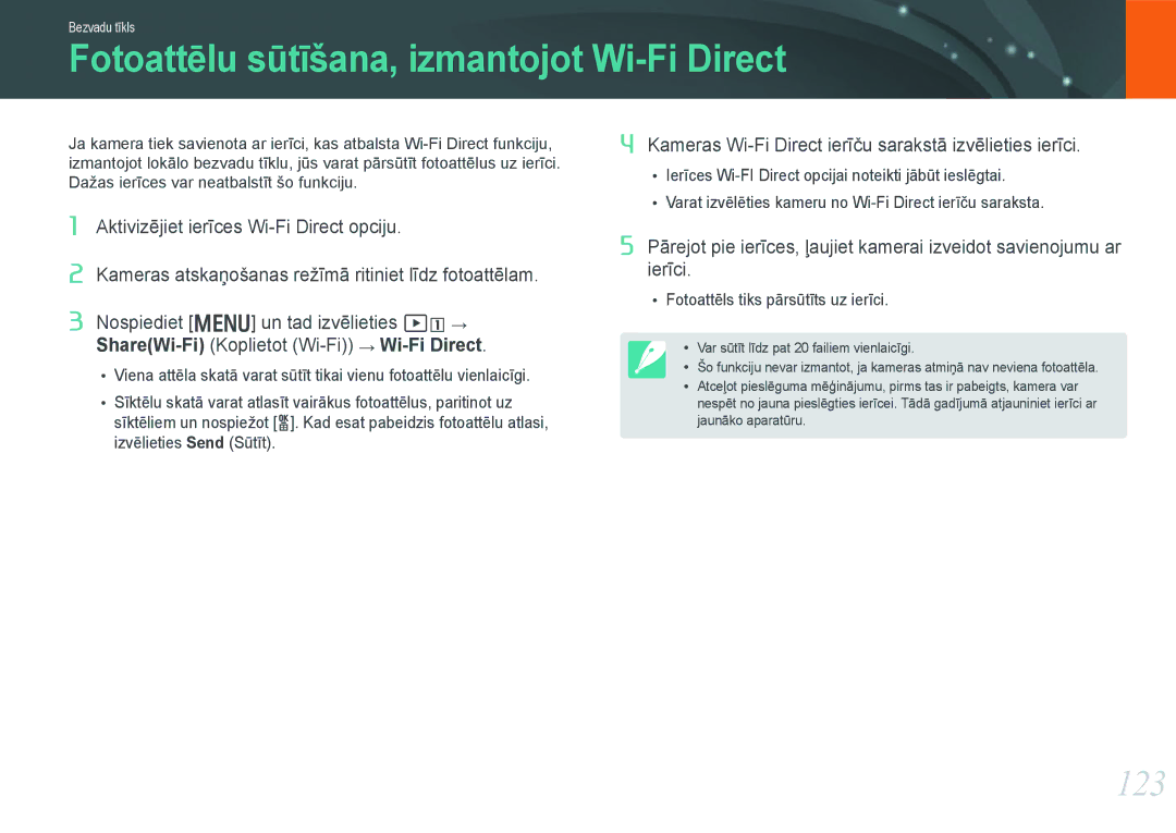 Samsung EV-NX20ZZBSBEE manual Fotoattēlu sūtīšana, izmantojot Wi-Fi Direct, 123 