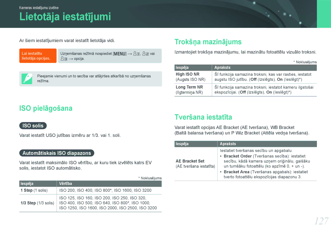 Samsung EV-NX20ZZBSBEE manual Lietotāja iestatījumi, 127, Trokšņa mazinājums, ISO pielāgošana, Tveršana iestatīta 