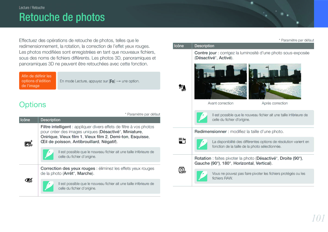 Samsung EV-NX20ZZBSBFR manual Retouche de photos, 101, Options 