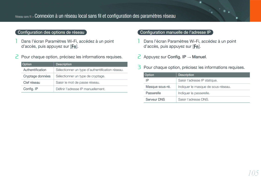 Samsung EV-NX20ZZBSBFR 105, Conﬁguration des options de réseau, Conﬁguration manuelle de l’adresse IP, Authentiﬁcation 