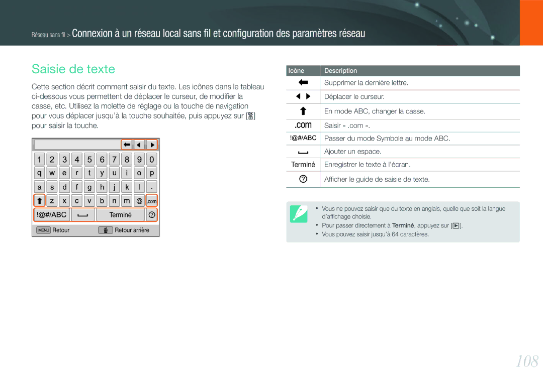 Samsung EV-NX20ZZBSBFR manual 108, Saisie de texte 