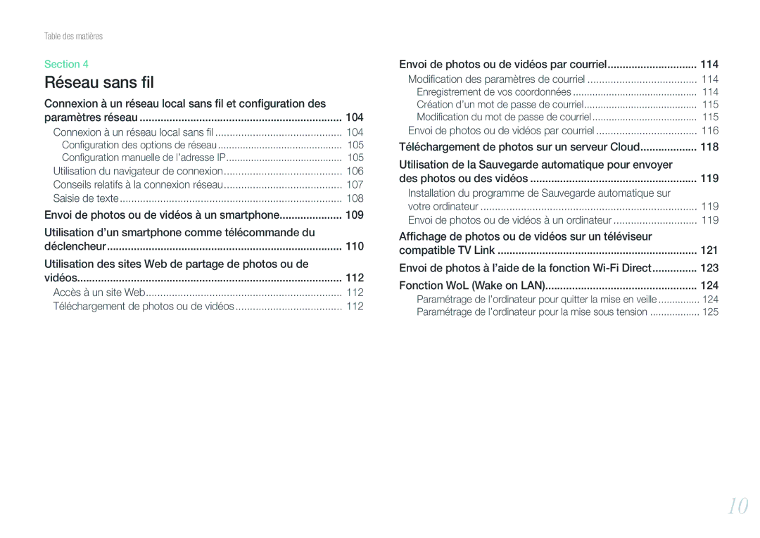 Samsung EV-NX20ZZBSBFR manual 104, 106, 107, 108, Envoi de photos ou de vidéos à un smartphone, 112 