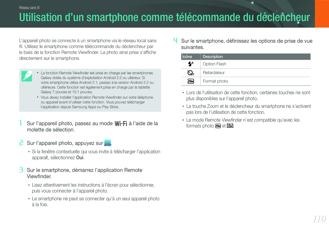 Samsung EV-NX20ZZBSBFR manual 110, Sur le smartphone, démarrez l’application Remote Viewfinder 