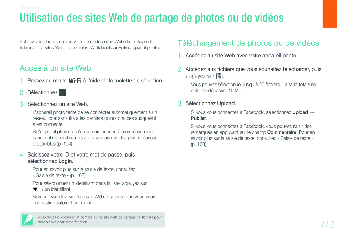 Samsung EV-NX20ZZBSBFR manual Utilisation des sites Web de partage de photos ou de vidéos, 112 