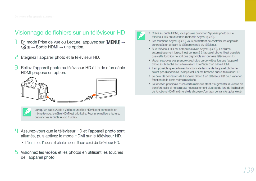 Samsung EV-NX20ZZBSBFR manual 139, Visionnage de ﬁchiers sur un téléviseur HD 