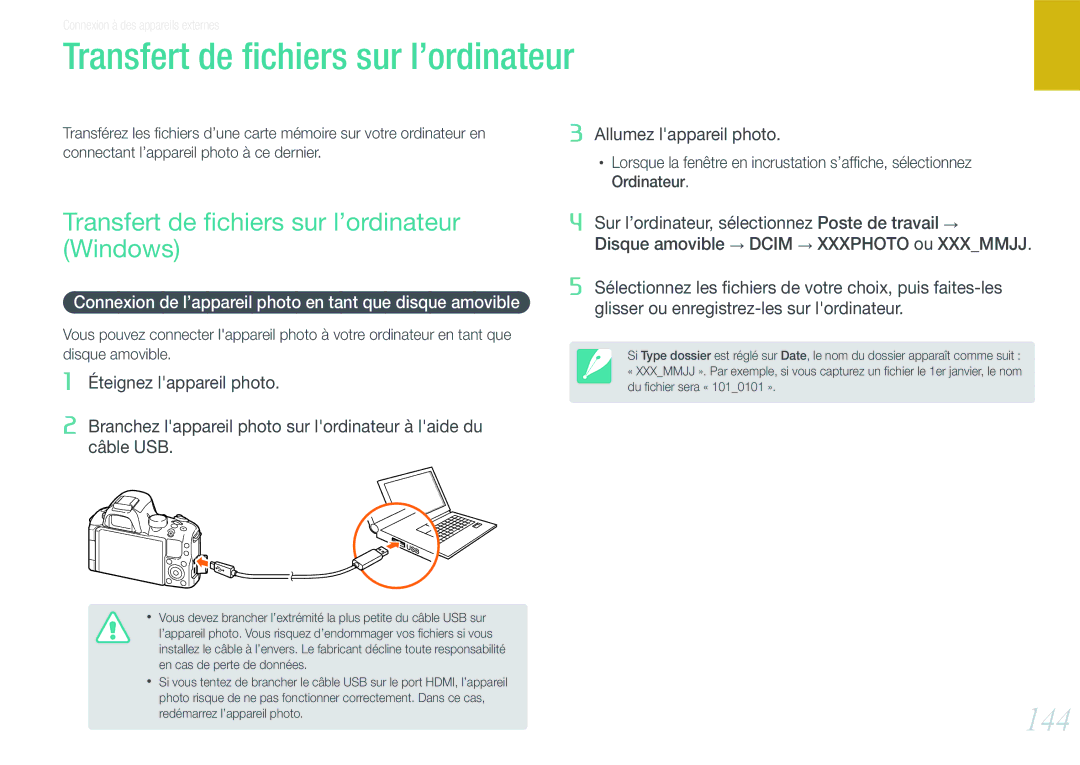 Samsung EV-NX20ZZBSBFR 144, Transfert de ﬁchiers sur l’ordinateur Windows, Connectant l’appareil photo à ce dernier 