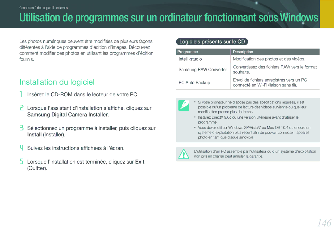 Samsung EV-NX20ZZBSBFR manual 146, Installation du logiciel, Logiciels présents sur le CD, Souhaité 