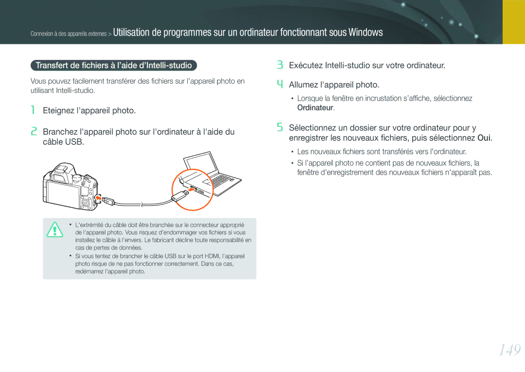 Samsung EV-NX20ZZBSBFR manual 149, Transfert de ﬁchiers à l’aide d’Intelli-studio 