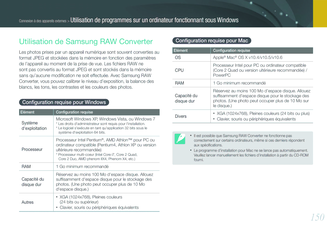 Samsung EV-NX20ZZBSBFR manual 150, Utilisation de Samsung RAW Converter, Conﬁguration requise pour Windows 