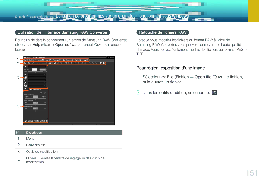 Samsung EV-NX20ZZBSBFR 151, Pour régler lexposition dune image, Lorsque vous modiﬁez les ﬁchiers au format RAW à l’aide de 