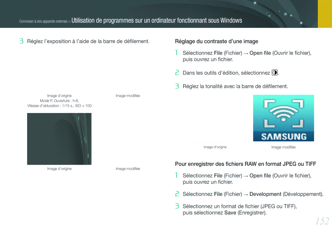 Samsung EV-NX20ZZBSBFR manual 152, Pour enregistrer des ﬁchiers RAW en format Jpeg ou Tiff 