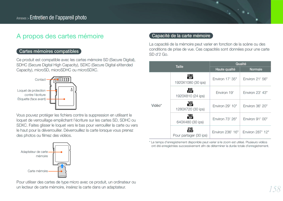 Samsung EV-NX20ZZBSBFR manual 158, Propos des cartes mémoire, Cartes mémoires compatibles, Capacité de la carte mémoire 