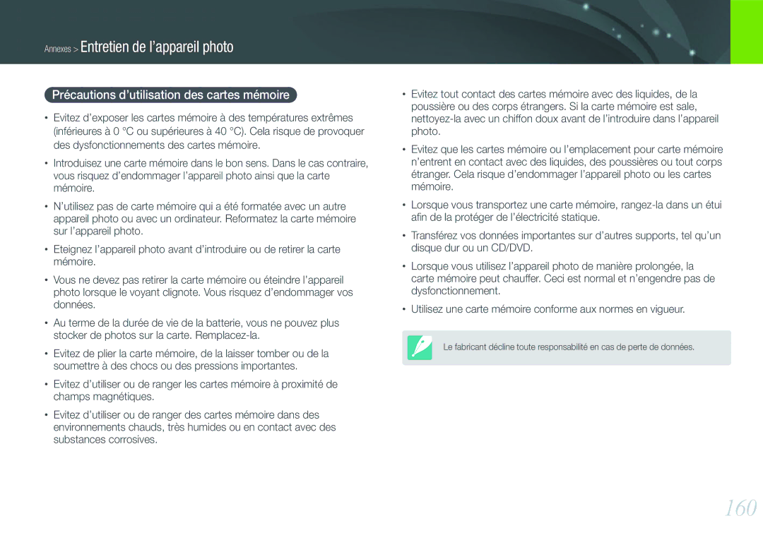 Samsung EV-NX20ZZBSBFR manual 160, Précautions d’utilisation des cartes mémoire 