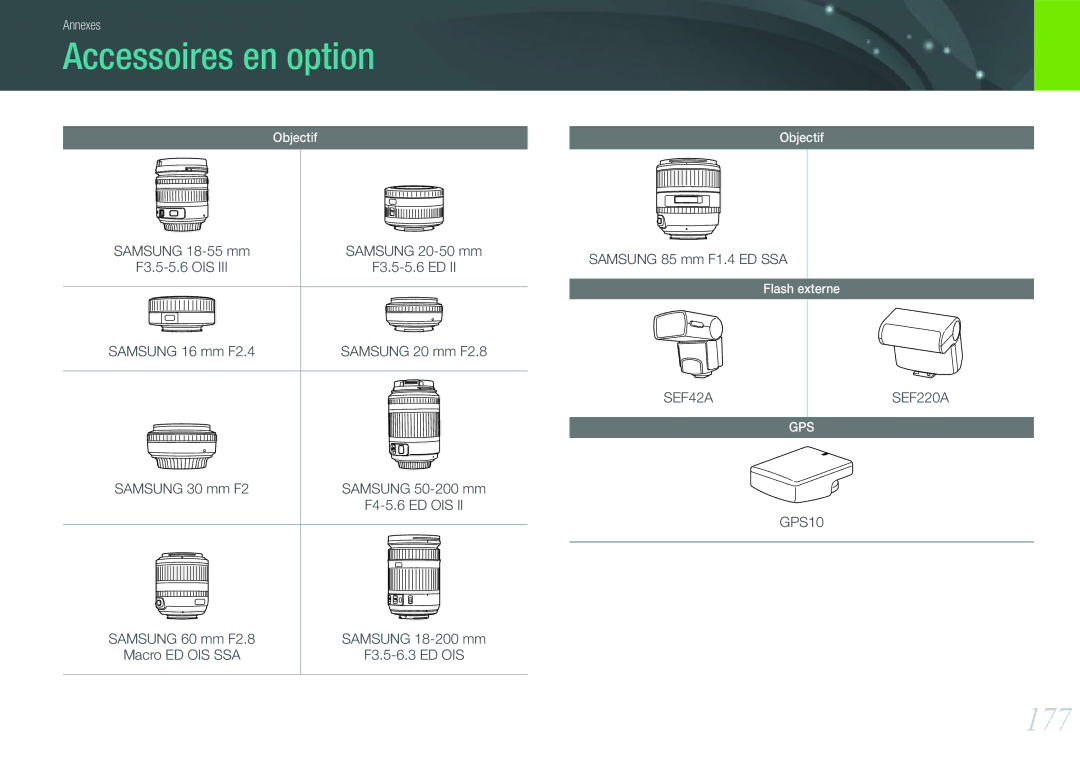 Samsung EV-NX20ZZBSBFR manual Accessoires en option, 177, Samsung 16 mm F2.4, Samsung 30 mm F2, Samsung 85 mm F1.4 ED SSA 